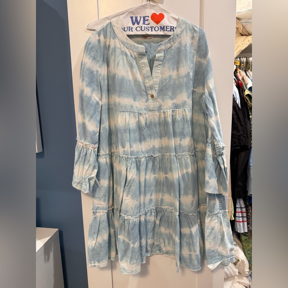 Faherty Sky Blue and Cream Long Sleeve Dress